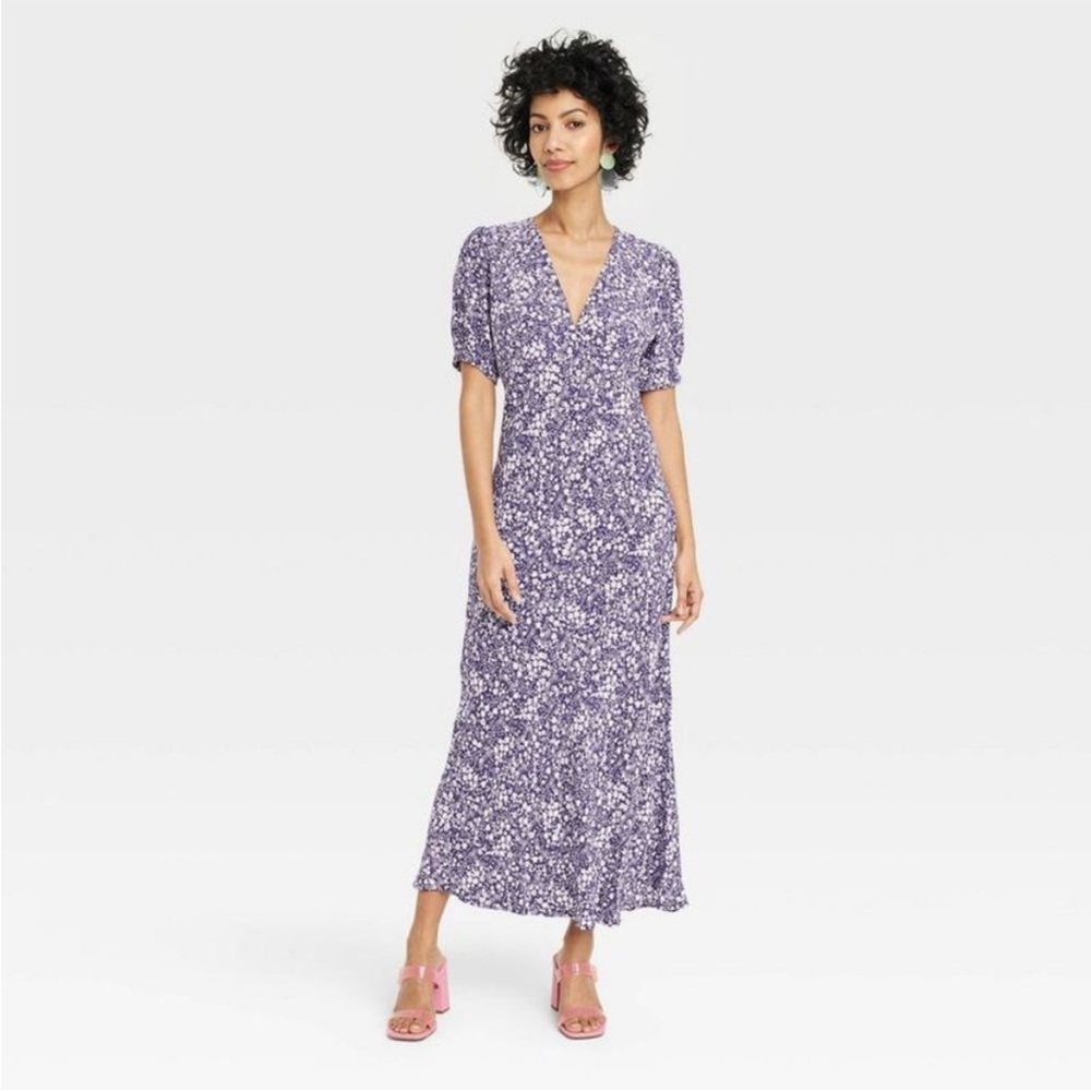Women's Crepe Puff Short Sleeve Dress - A New Day Navy Blue Floral S